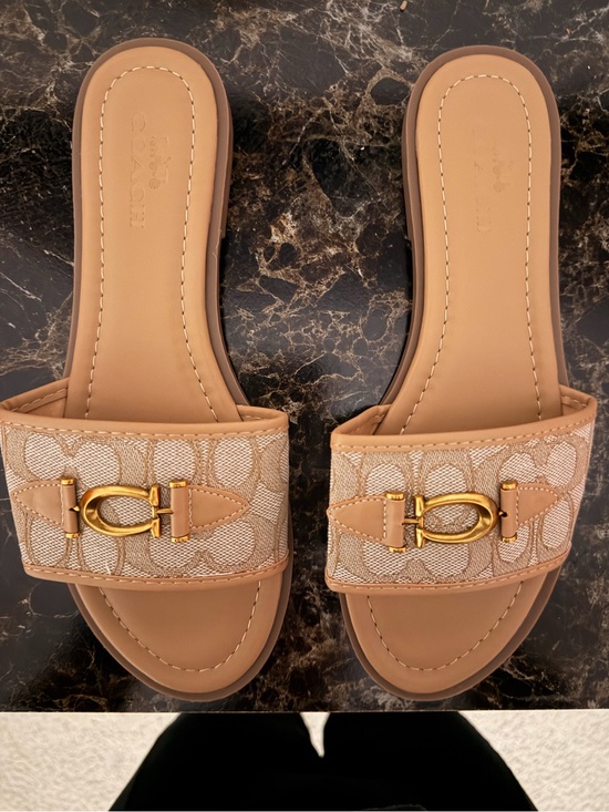 Coach Shoes - Coach Tan Signature Jacquard Slide Sandals with Gold Hardware